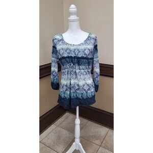 LizWear Blue Crinkle Peasant Top – Size Large- cottagecore, peasant, romantic